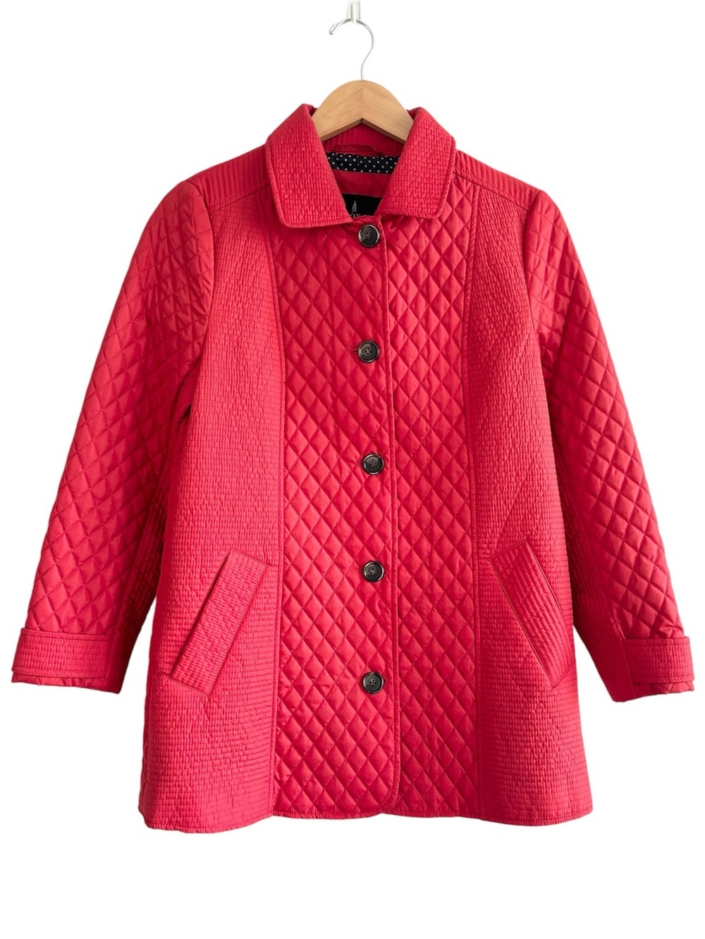 London Fog Red Single Breasted Quilted Car Coat with Polka Dot Lining